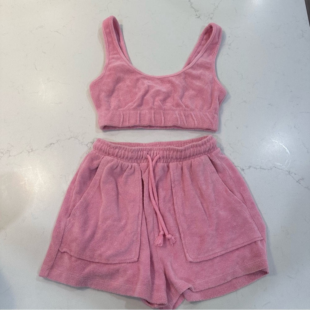 ZARA Light Pink Terry Cloth Top Shorts Set Barbie Pink Small Like New